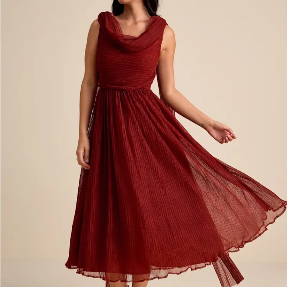 Katreea Rust Red Pleated Cowl Neck Sash Midi Dress